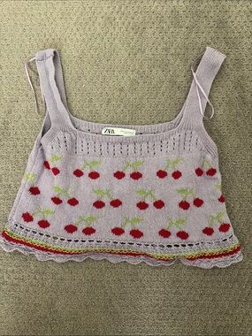 Zara Lavender Knit Cherry Tank with Red & Green Accents